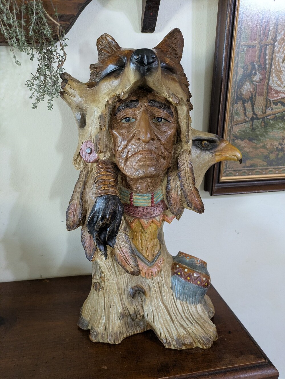 Vintage Rustic Native American Chief Bust Statue  Wolf & Eagle Faux Wood Sculptu